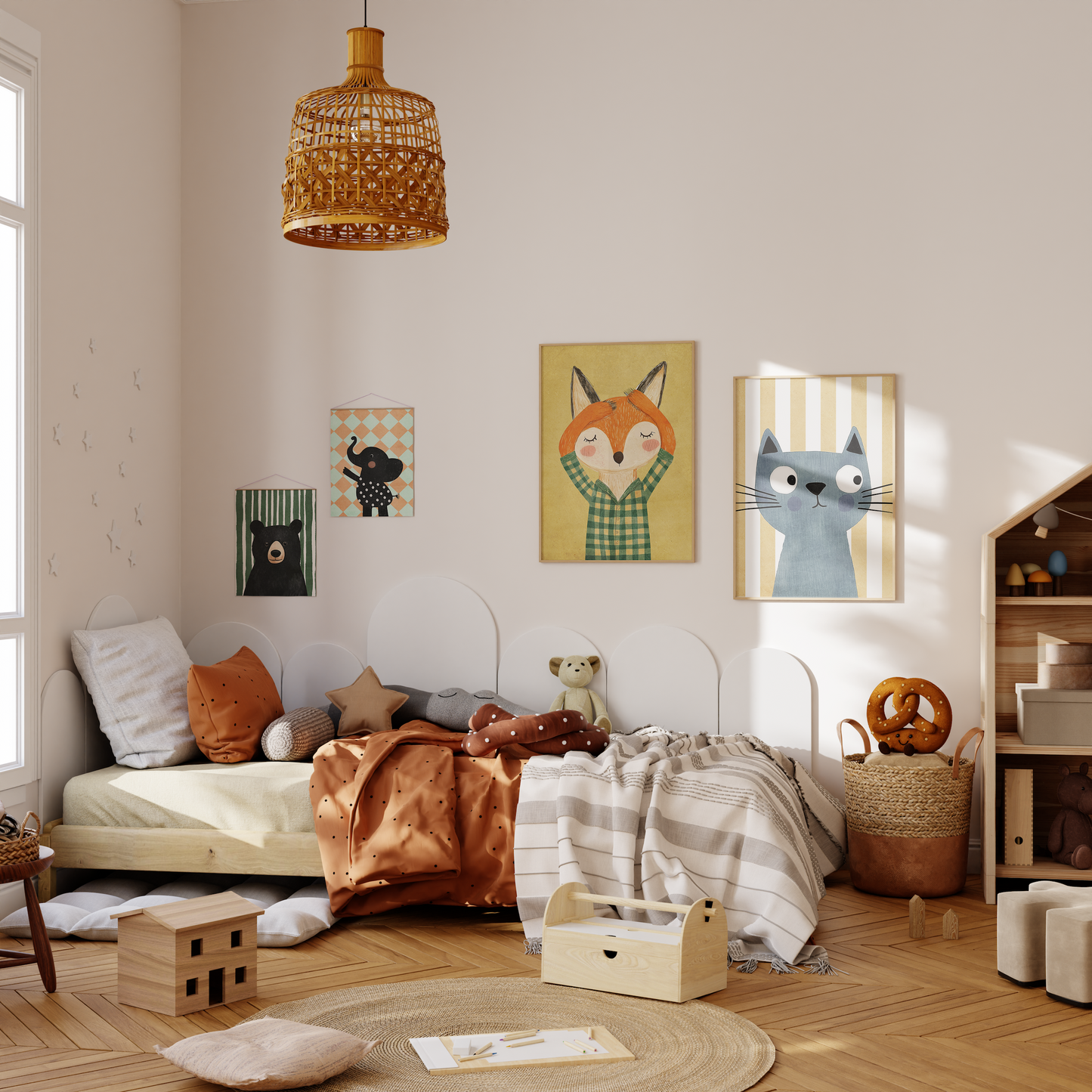 Poster Kinderzimmer Bär · Elefant · Fuchs · Katze · Geschenkidee für Kinder · Grün & Gelb · Waldtiere & Safari · Deko Print ohne Rahmen