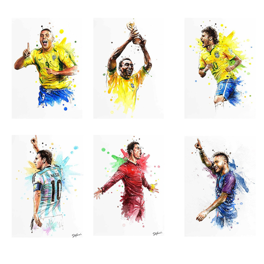 Sechs künstlerische Portraits von Fußballspielern in dynamischen Posen, gedruckt auf hochwertigem Baumwollcanvas, moderne Wanddekoration.