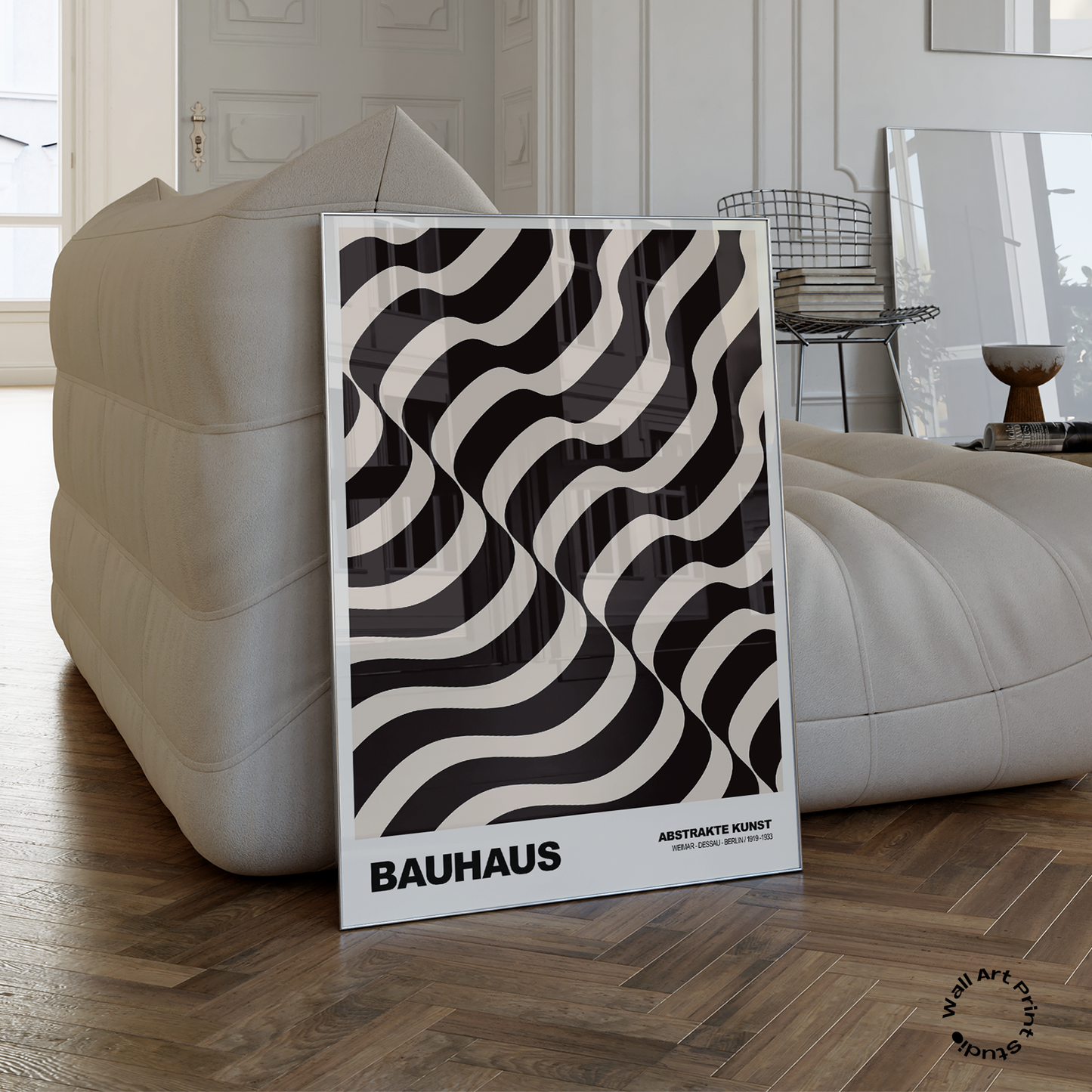 Poster Bauhaus Abstrakte Kunst · Wellenmuster in Beige und Schwarz · Geometrisches Retro Design · Print ohne Rahmen