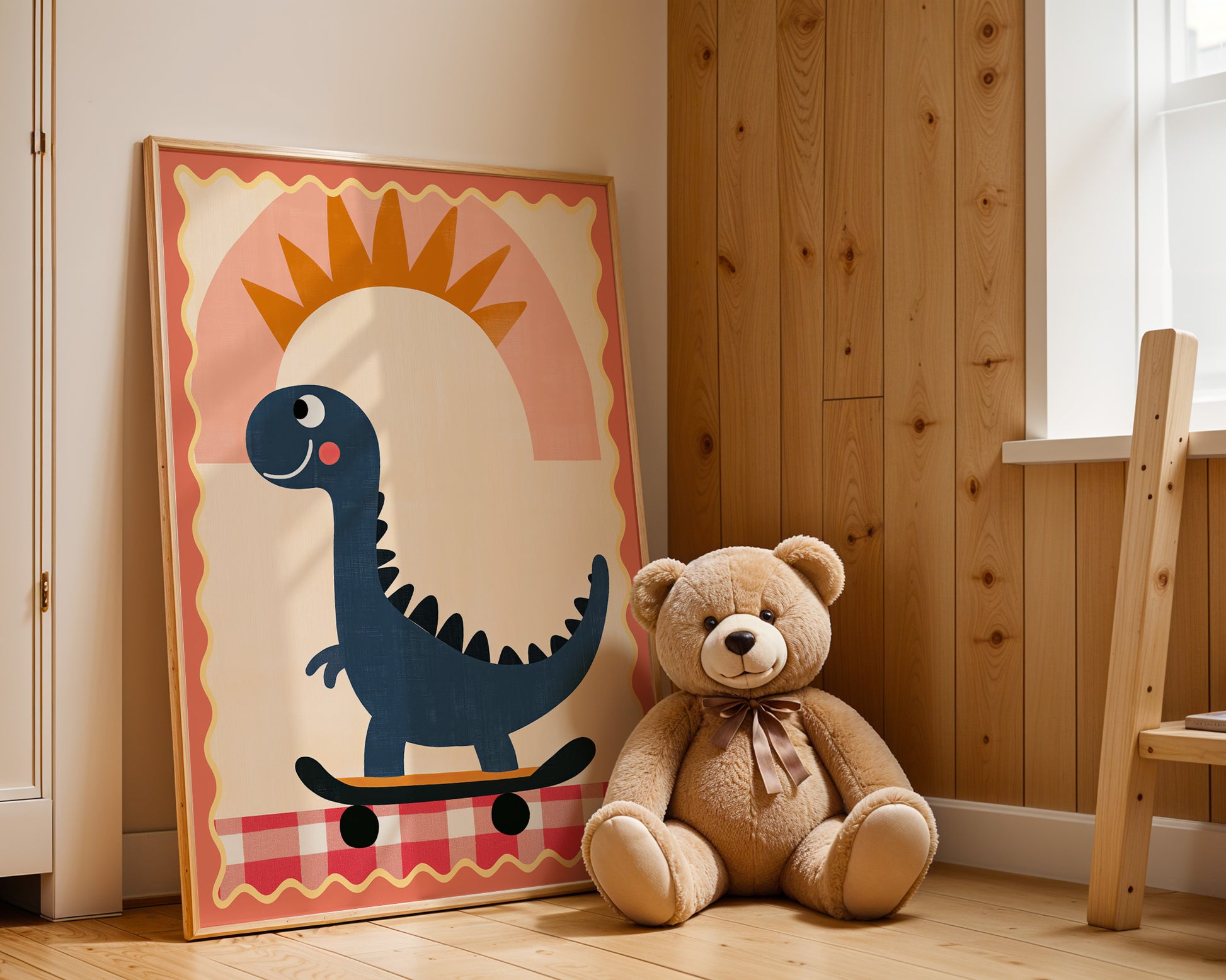 Fröhliches Kinderzimmer mit Poster 'Dino auf Skateboard mit Sonne' von justgoodmood, farbenfrohes Dino-Motiv in stilvollen Boho-Farben, ideal für die Dekoration eines Kinderzimmerthemen.