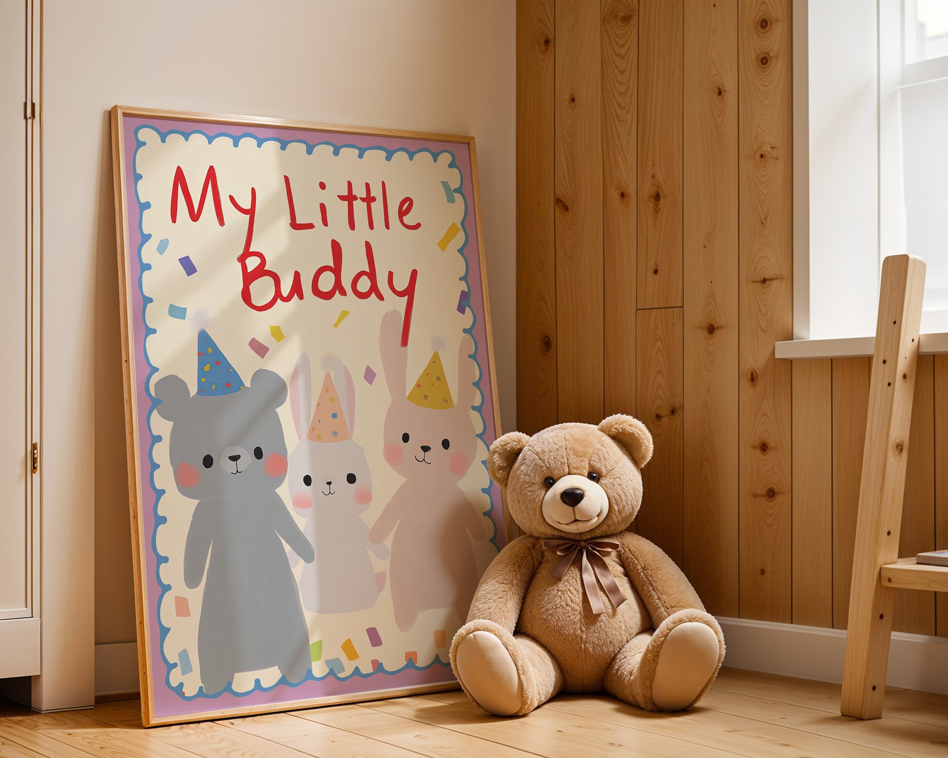 Gemütliche Dekoration mit dem Poster 'My Little Buddy' von justgoodmood, präsentiert zusammen mit einem schmusigen Plüschbären im Kinderzimmer für eine verspielte Note.