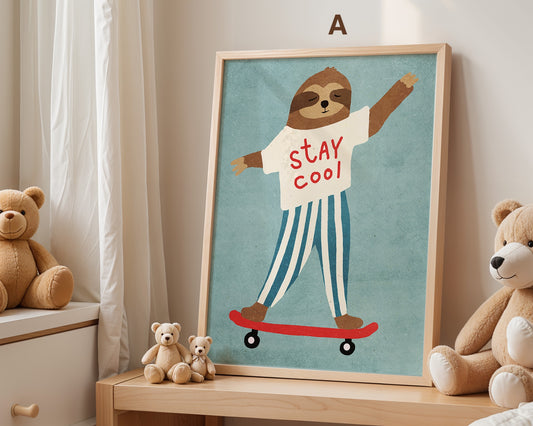 Lustiges Faultier auf einem Skateboard mit dem Schriftzug 'Stay cool'. Dieses fröhliche Poster von justgoodmood ist eine tolle Kinderzimmer-Deko und Geschenkidee.