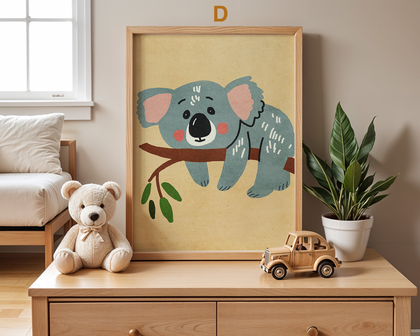 Lustiges Koala-Poster von justgoodmood, das einen süßen Koala zeigt, der entspannt auf einem Ast sitzt, eine tolle Deko für Kinderzimmer.