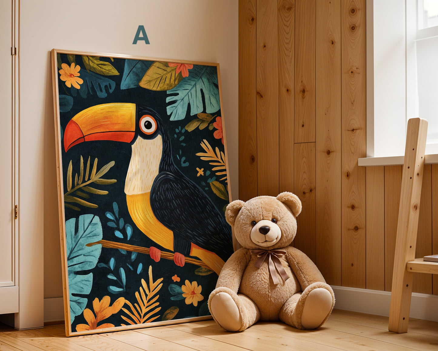 Poster mit einem Tukan und tropischen Pflanzen, perfekte Deko für das Kinderzimmer von JustGoodMood. Bringen Sie einen Hauch Dschungel in die Fantasie Ihrer Kinder!