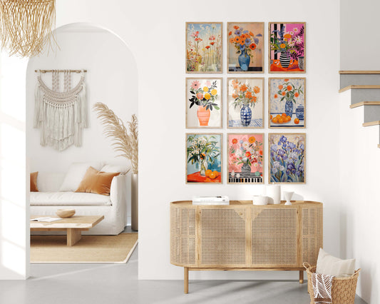 Blumen Poster · Geschenkidee · Farbenfrohe Blumenvasen und Künstlerische Floralkunst im Modernen Stil · Dekoprint ohne Rahmen