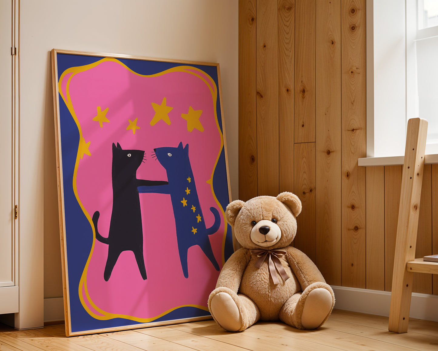 Katzenposter, Tanz unterm Sternenhimmel, von justgoodmood. Stilvolles Kinderzimmer-Deko mit freundlichem Design und intensivem Farbschema.