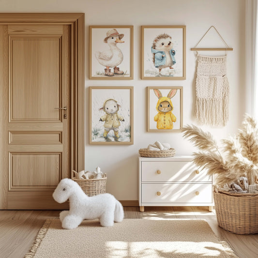 Süße Regenjacke Tier Poster · Geschenkidee · Aquarell Waldtier Illustration mit Regenmantel · Kinderzimmer Wanddeko · Print ohne Rahmen