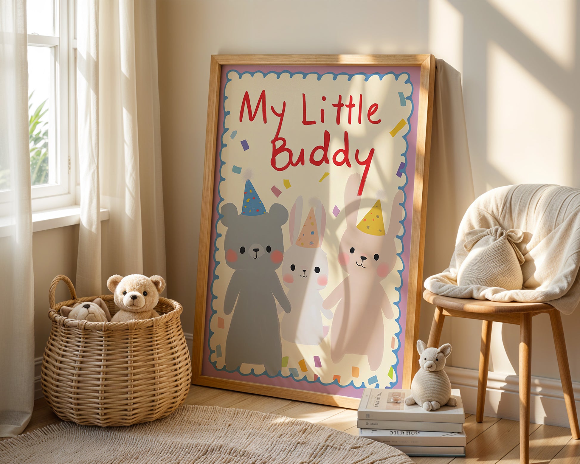 Hell erleuchteter Raum mit dem niedlichen Poster 'My Little Buddy' von justgoodmood, umgeben von Kuscheltieren, die Freude und Gemütlichkeit ausstrahlen.