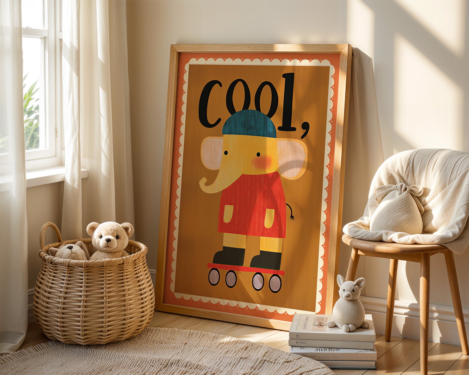 Helles Kinderzimmer mit dem Poster "Cooler Elefant auf Rollschuhen" von justgoodmood, umgeben von niedlichen Spielzeugen und einer gemütlichen Sitzgelegenheit. Perfekte Dekoration für fröhliche Kinderzimmer.