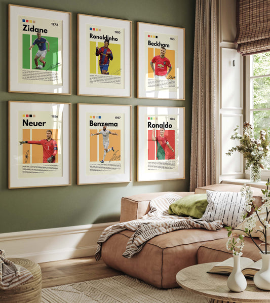 Fußball Legenden Poster · Ronaldo Benzema Neuer Beckham Ronaldinho Zidane · Sport Wanddeko · Dekoprint ohne Rahmen