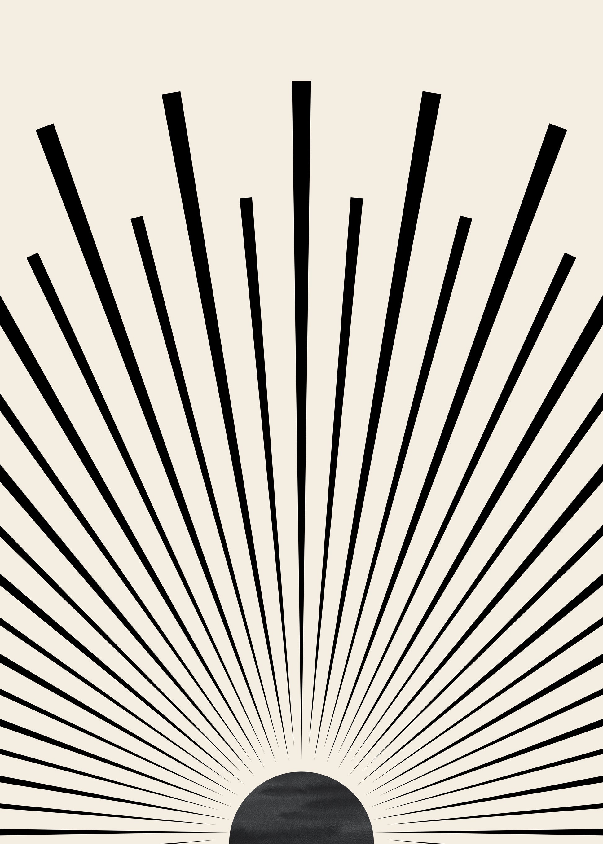 Detailansicht eines künstlerischen Drucks mit schwarzen Sonnenstrahlen auf hellem Hintergrund, von justgoodmood - Mid Century Moderne Wandkunst im Boho Stil.