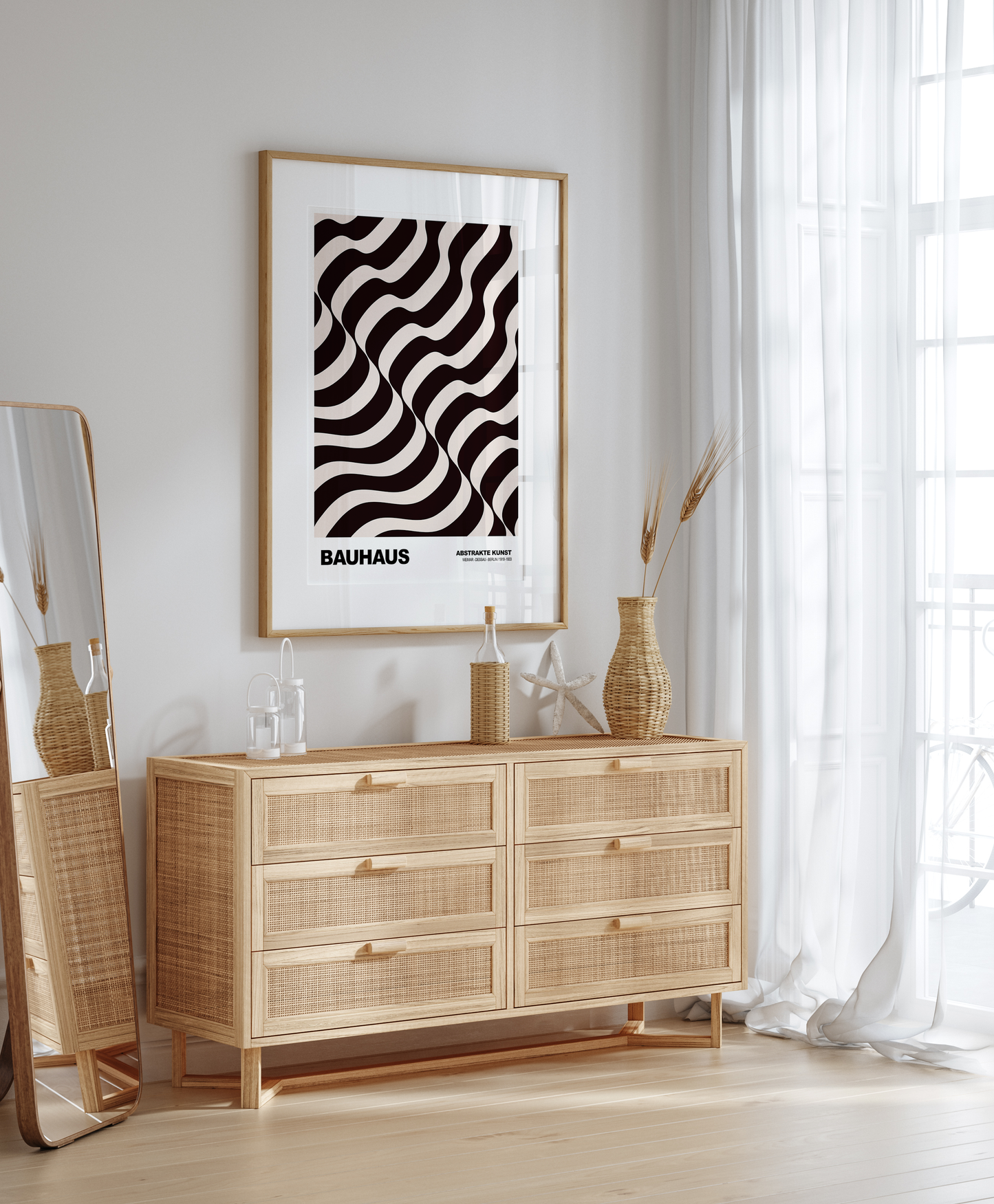 Poster Bauhaus Abstrakte Kunst · Wellenmuster in Beige und Schwarz · Geometrisches Retro Design · Print ohne Rahmen