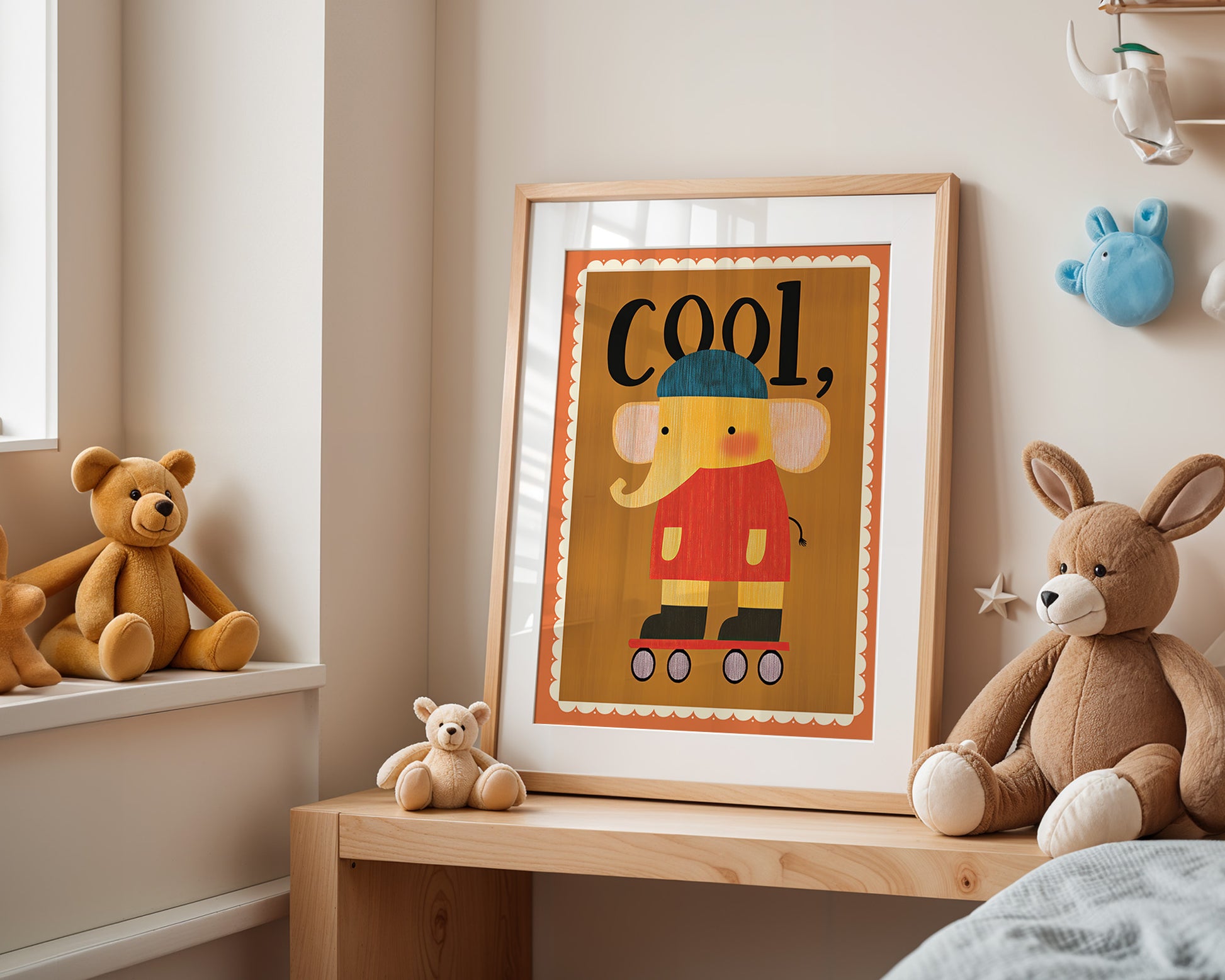 Cooler Elefant auf Rollschuhen Poster von justgoodmood, dekoriert das fröhliche Kinderzimmer mit lustigen Farben und einem sympathischen Design.