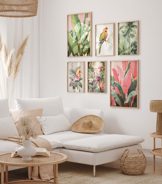 Dschungel Poster · Geschenkidee · Papageien Palmen Botanische Aquarellkunst · Wohnzimmer Dekoprint ohne Rahmen