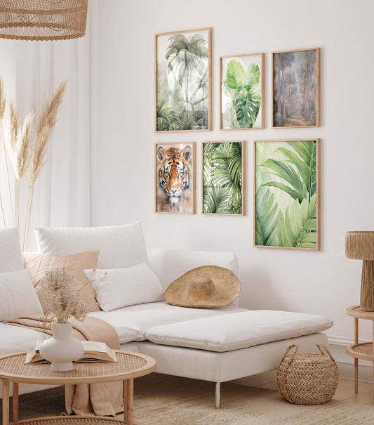 Tropische Pflanzen Poster · Geschenkidee · Aquarell Dschungelblätter und Tiger · Wohnzimmer Dekoprint ohne Rahmen