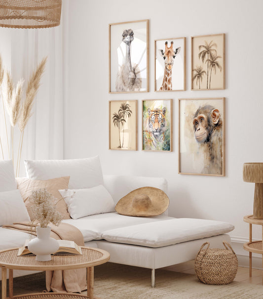 Safari Poster · Geschenkidee · Giraffe Tiger Affe Strauß und Palmen · Dekoprint ohne Rahmen