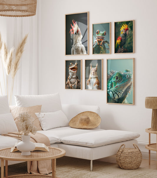 Exotische Tierporträts Poster · Geschenkidee · Kakadu, Papagei, Frosch, Gecko, Faultier und Eule · Dekoprint ohne Rahmen
