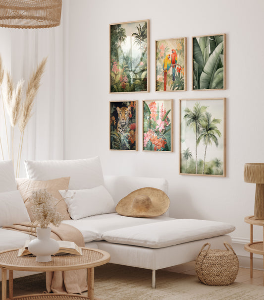 Dschungel Poster · Geschenkidee · Aquarell mit Leopard Papageien Flamingo · Wohnzimmer Deko · Dekoprint ohne Rahmen
