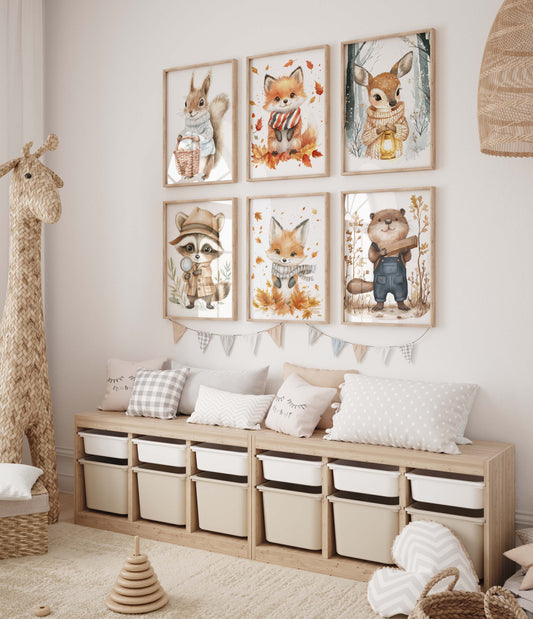 Niedliches Waldtier Poster · Geschenkidee · Aquarell Illustration mit Fuchs Waschbär Eichhörnchen und Reh · Kinderzimmer Wanddeko · Print ohne Rahmen