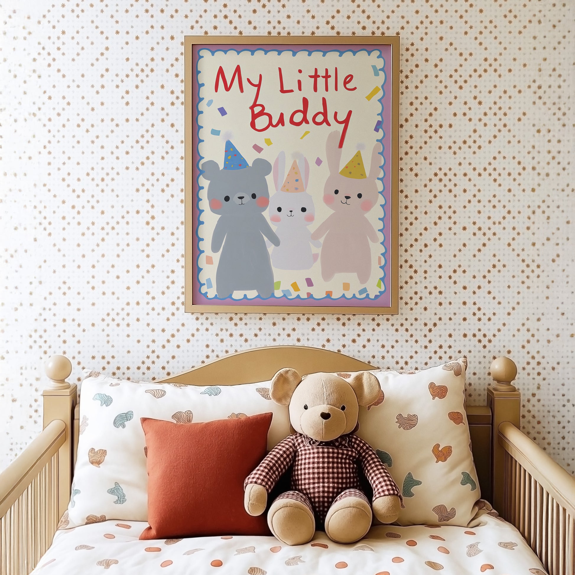 Fröhliches Poster 'My Little Buddy' von justgoodmood, das einen Bären und einen Hasen mit Partyhüten zeigt, perfekt für das Kinderzimmer.