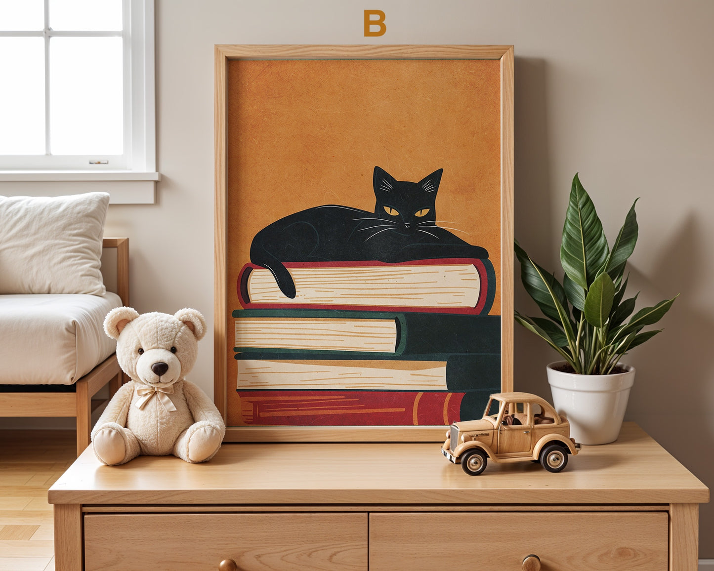 Kreatives Katzen-Poster von justgoodmood, das eine schwarze Katze zeigt, die entspannt auf Bücher gestapelt liegt, perfekt als Deko-Print für Kinderzimmer.