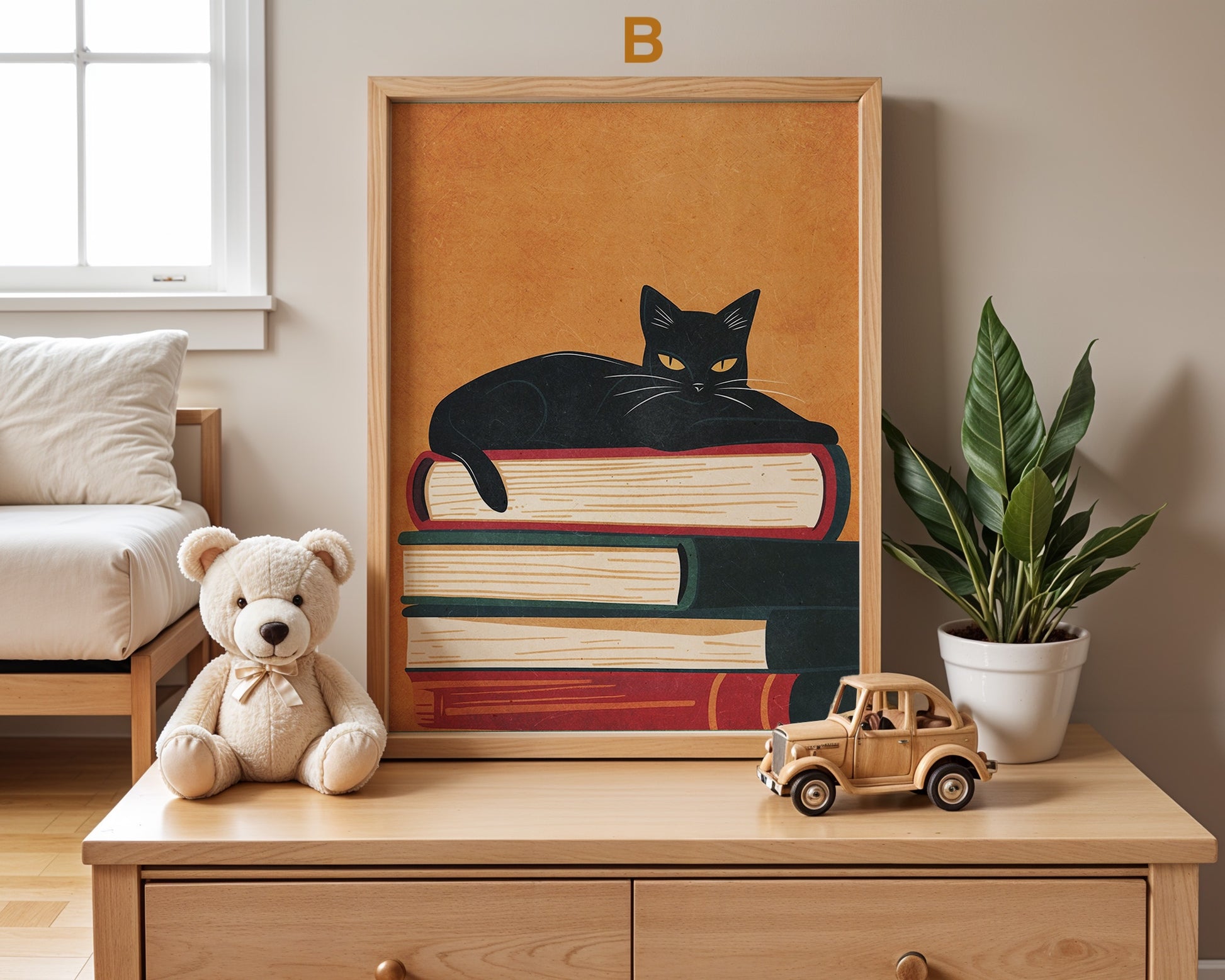 Kreatives Katzen-Poster von justgoodmood, das eine schwarze Katze zeigt, die entspannt auf Bücher gestapelt liegt, perfekt als Deko-Print für Kinderzimmer.