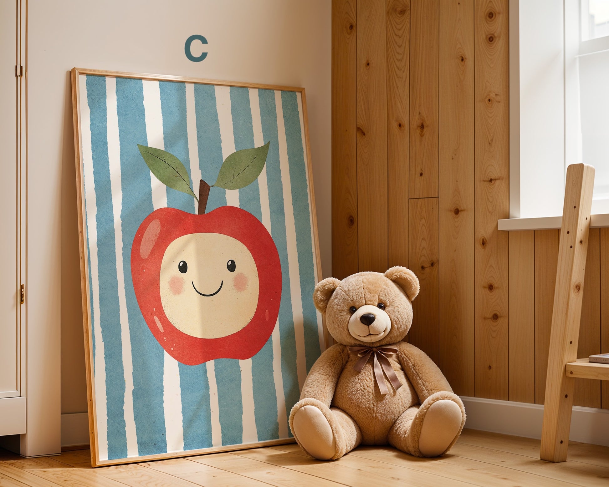 Buntes Poster mit einem niedlichen Apfel, umgeben von blauen Streifen, ideal für fröhliche Kinderzimmer von justgoodmood - Poster Kinderzimmer Apfel, Erdbeere, Ananas, Tukan.