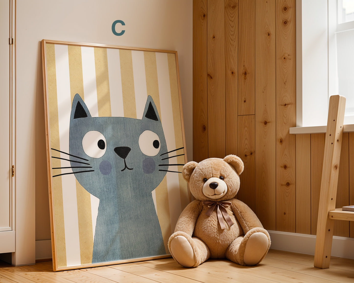 Niedliches Poster einer Katze in sanften Farben, ideal für die Kinderzimmerdekoration von justgoodmood. Dieses kreative Kunstwerk bringt Freude und Fantasie in das Kinderzimmer.