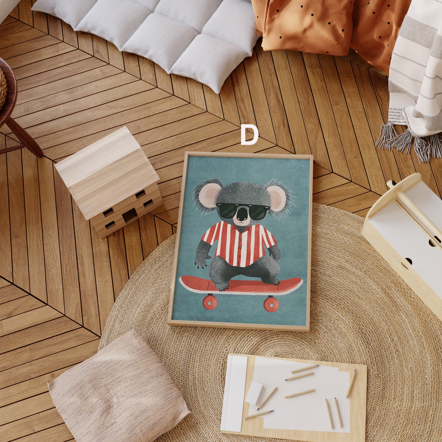 Cooler Koala mit Sonnenbrille auf einem Skateboard, perfekt für Kinderzimmer Deko, von justgoodmood, Skateboard Waldtiere Poster Kinderzimmer.