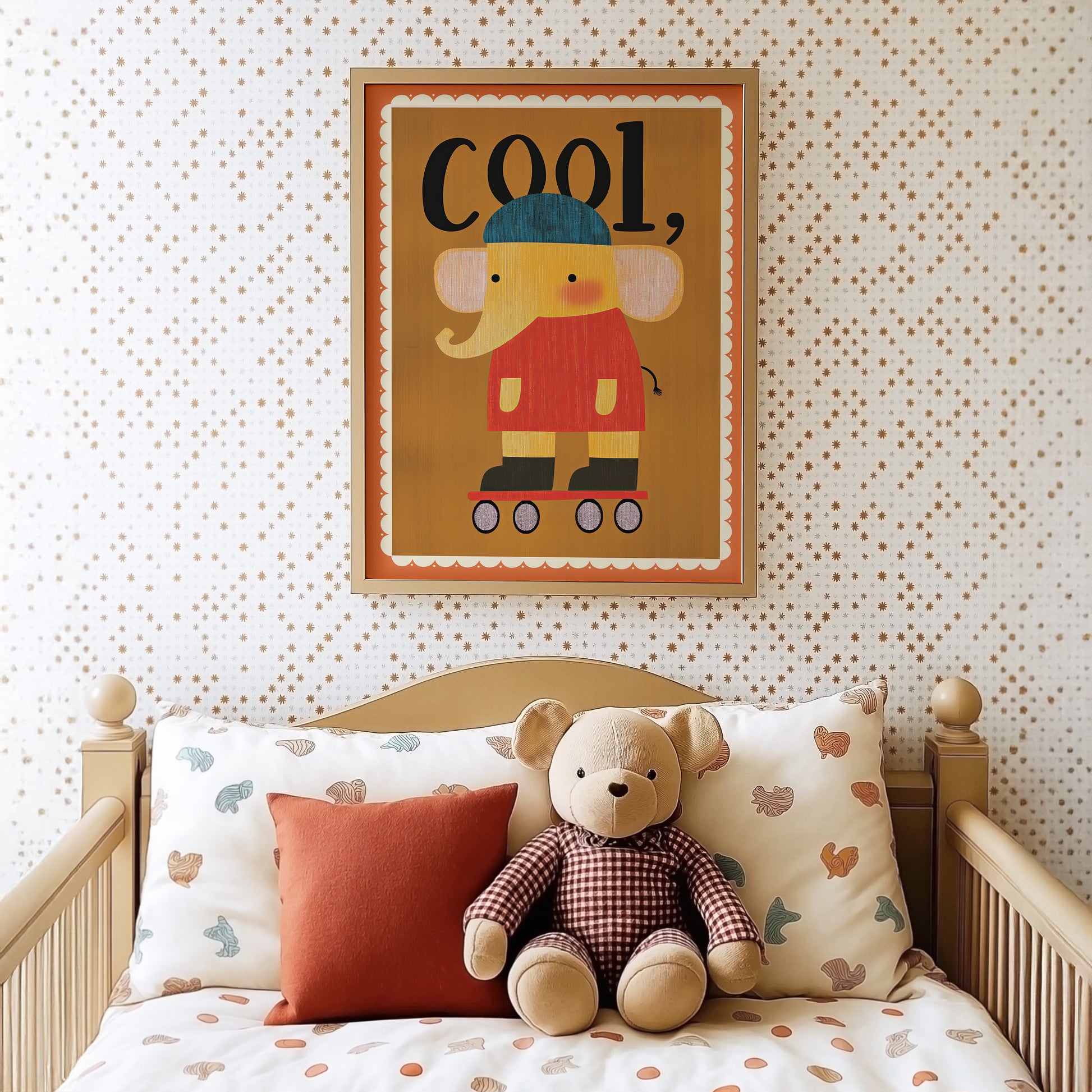 Das coole Poster mit einem Elefanten auf Rollschuhen von justgoodmood, strahlt Freude in einem kindgerechten Schlafzimmer aus.