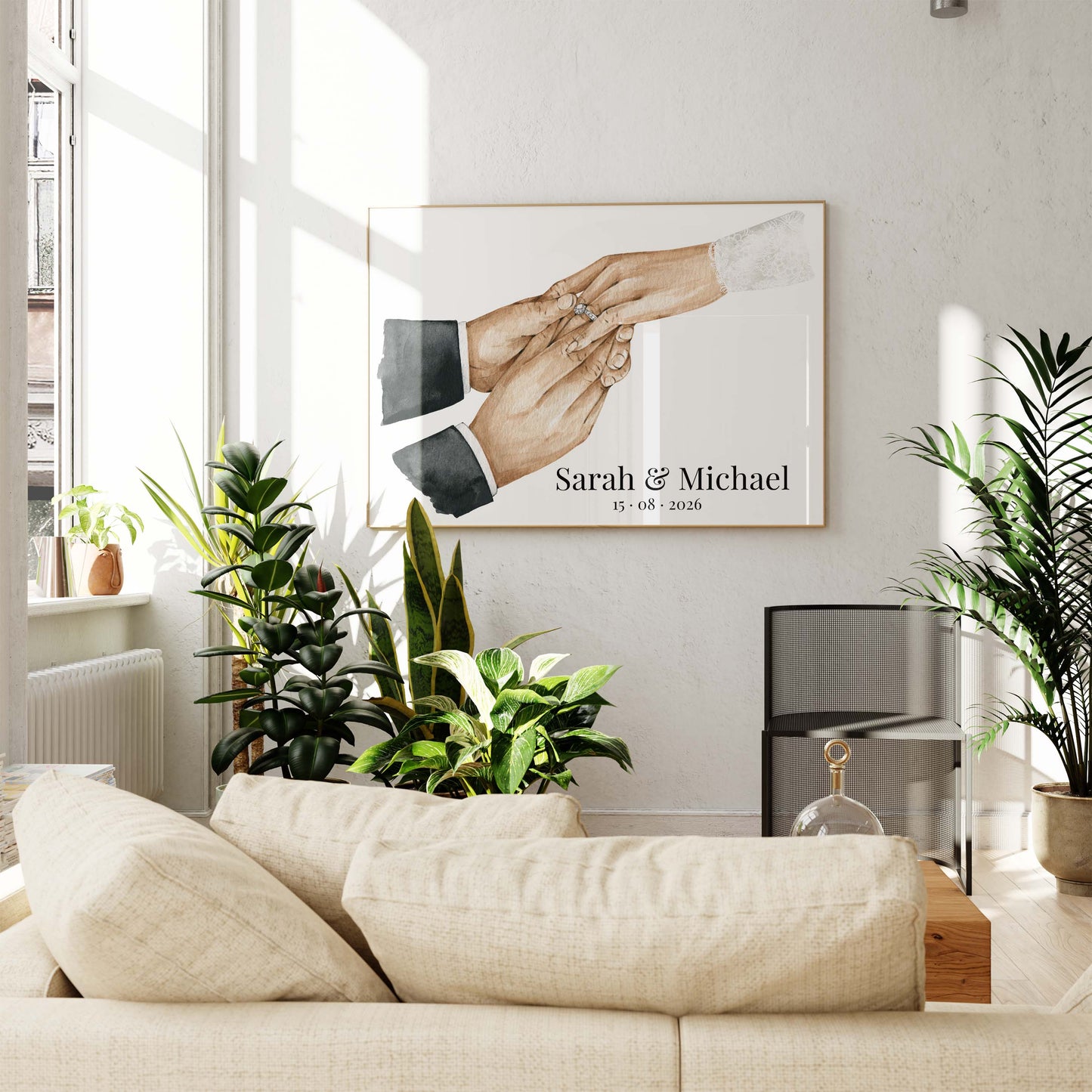 Hochzeit Hände Ring Austausch Poster · Geschenkidee · Personalisierte Namen Datum Paar Illustration · Print ohne Rahmen