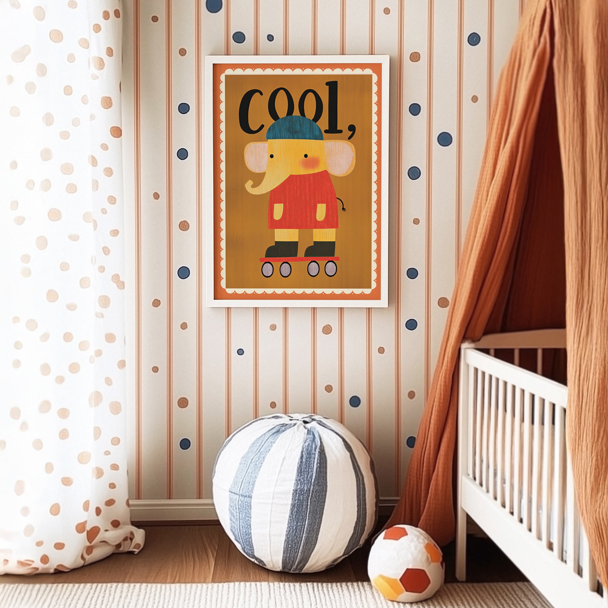 Lustiges Poster des coolen Elefanten auf Rollschuhen von justgoodmood, bringt retro Farben in das Kinderzimmer und fördert die Fantasie.