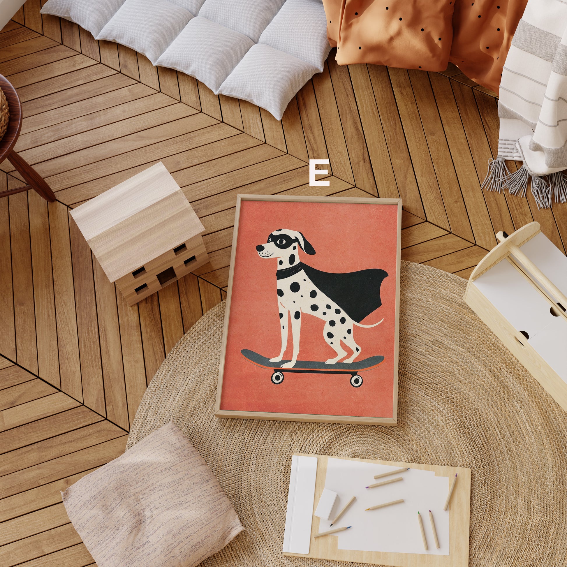 Heldenhafter Dalmatiner mit Umhang auf einem Skateboard, ideal für Kinderzimmer Deko, von justgoodmood, Skateboard Waldtiere Poster Kinderzimmer.