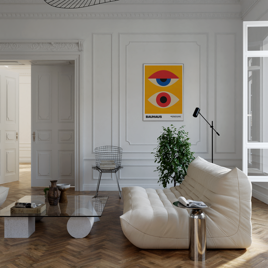 Poster Bauhaus Abstrakte Augen Kunst · Geometrisches Design in Gelb, Rot, Blau · Retro Mid Century Stil · Deko Print ohne Rahmen