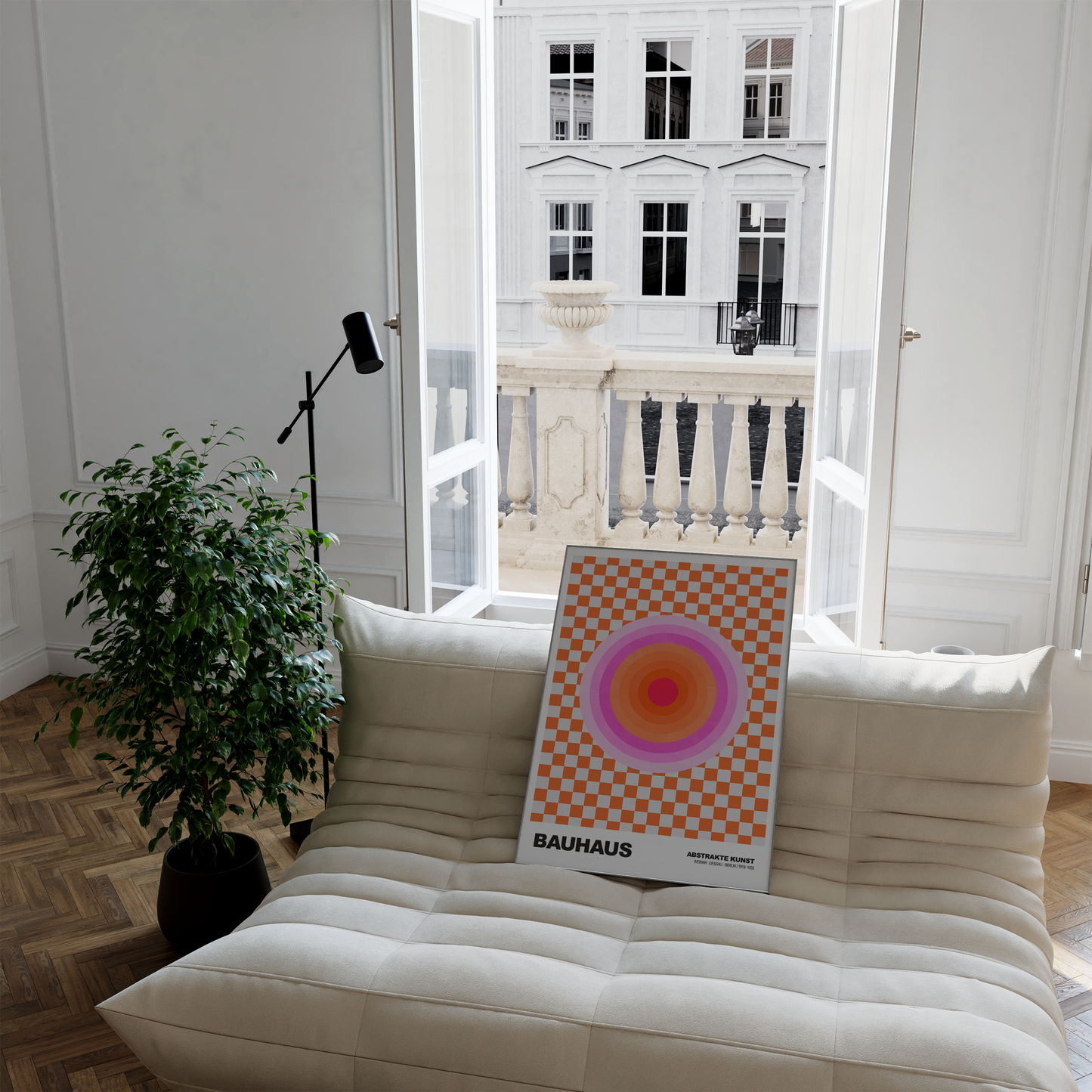 Poster Bauhaus Abstrakte Kunst · Pink Orange Kreis auf Schachbrett Muster · Modernes Retro Design Wandbild · Deko Print ohne Rahmen