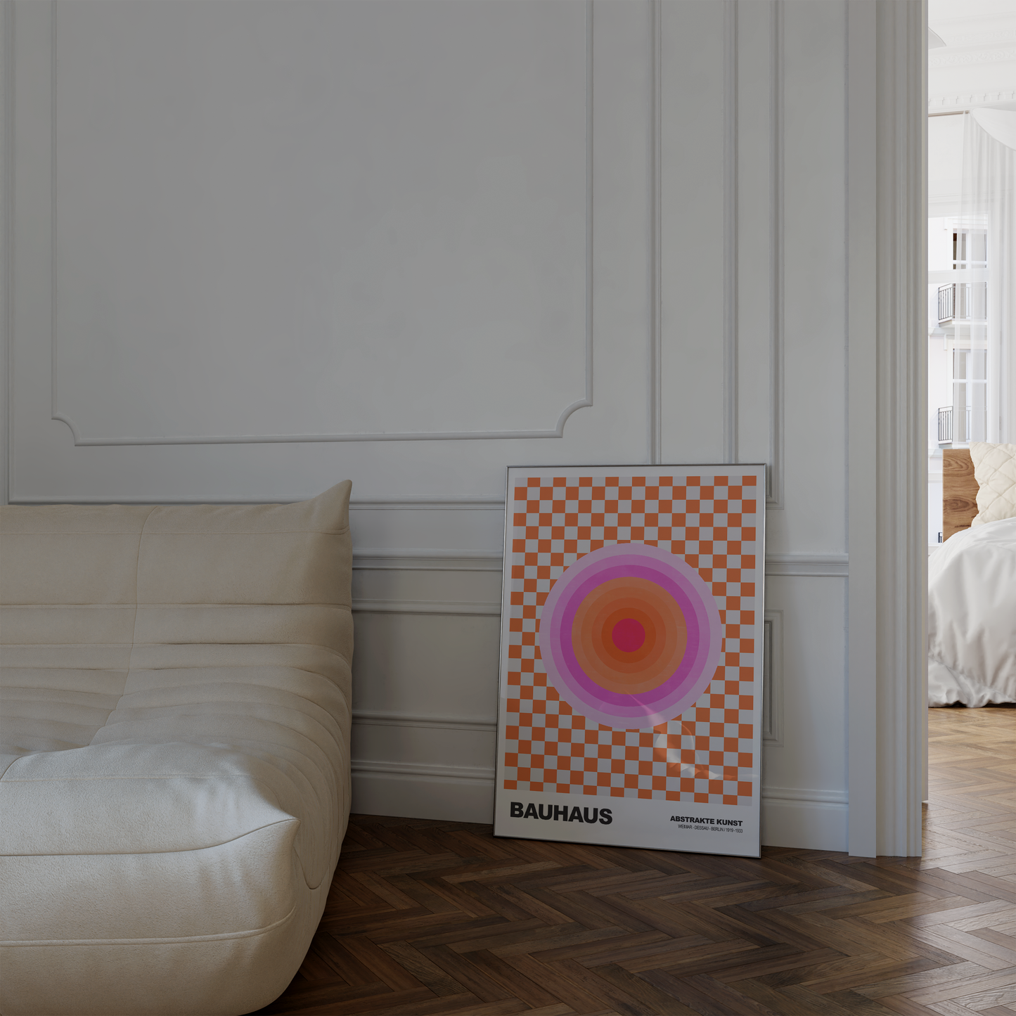 Poster Bauhaus Abstrakte Kunst · Pink Orange Kreis auf Schachbrett Muster · Modernes Retro Design Wandbild · Deko Print ohne Rahmen