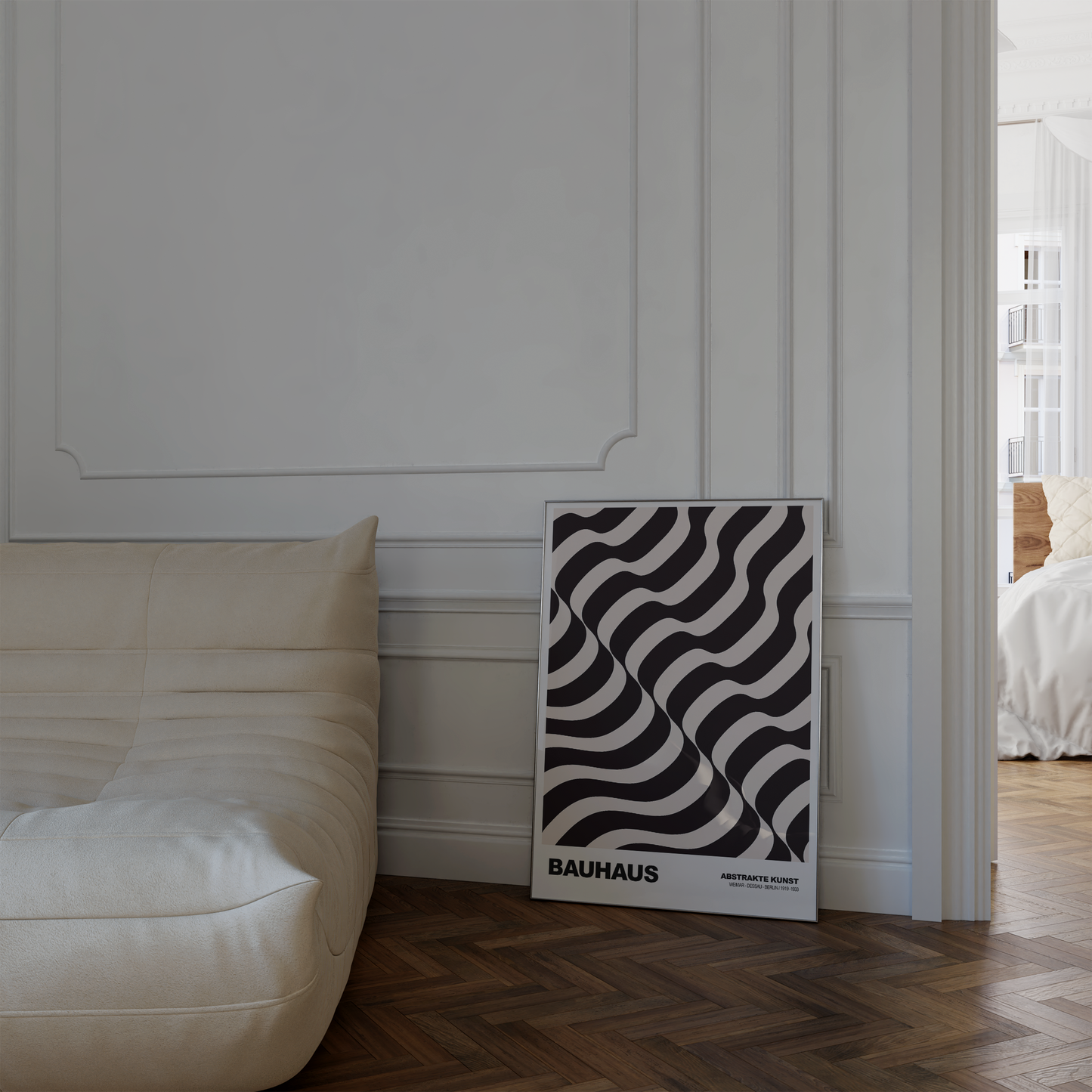 Poster Bauhaus Abstrakte Kunst · Wellenmuster in Beige und Schwarz · Geometrisches Retro Design · Print ohne Rahmen