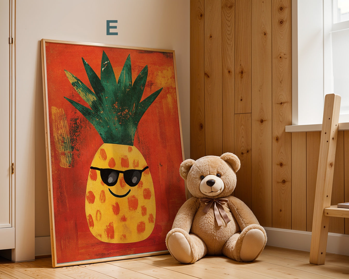 Lebhaftes Poster eines coolen Ananases mit Sonnenbrille, geeignet für ein fröhliches Kinderzimmer von justgoodmood - Poster Kinderzimmer Apfel, Erdbeere, Ananas, Tukan.