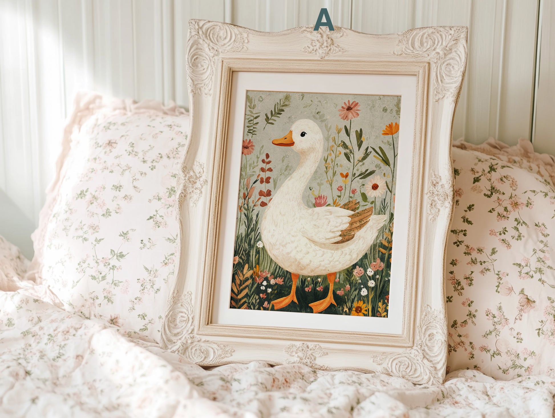 Schönes gerahmtes Poster einer weißen Gans umgeben von Blumen, perfekt als Geschenkidee für Kinderzimmer von justgoodmood. Stilvolles und fröhliches Bauernhof Deko Kunstwerk.