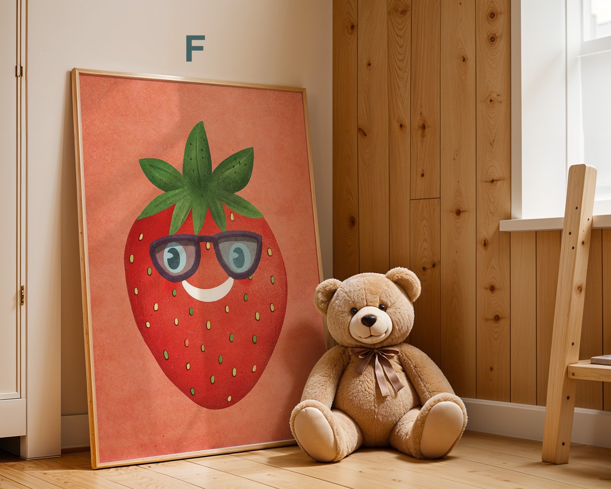 Süßes Poster mit einer lächelnden Erdbeere in buntem Design, ideal für die kreative Kinderzimmergestaltung von justgoodmood - Poster Kinderzimmer Apfel, Erdbeere, Ananas, Tukan.