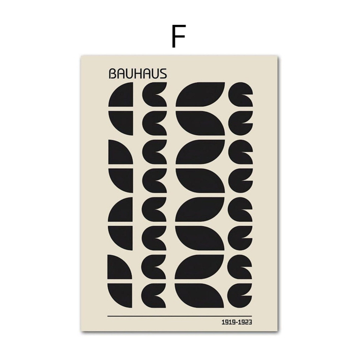 Abstrakter Kunstdruck mit schwarzen geometrischen Formen auf hellem Hintergrund, modern und inspiriert vom Bauhaus-Stil, Premium Baumwollposter.