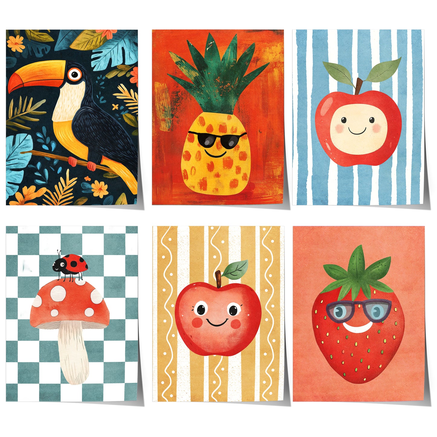 Poster Kinderzimmer Apfel · Erdbeere · Ananas · Tukan · Geschenkidee für Kinder · Rot & Blau · Obst & Dschungel · Deko Print ohne Rahmen
