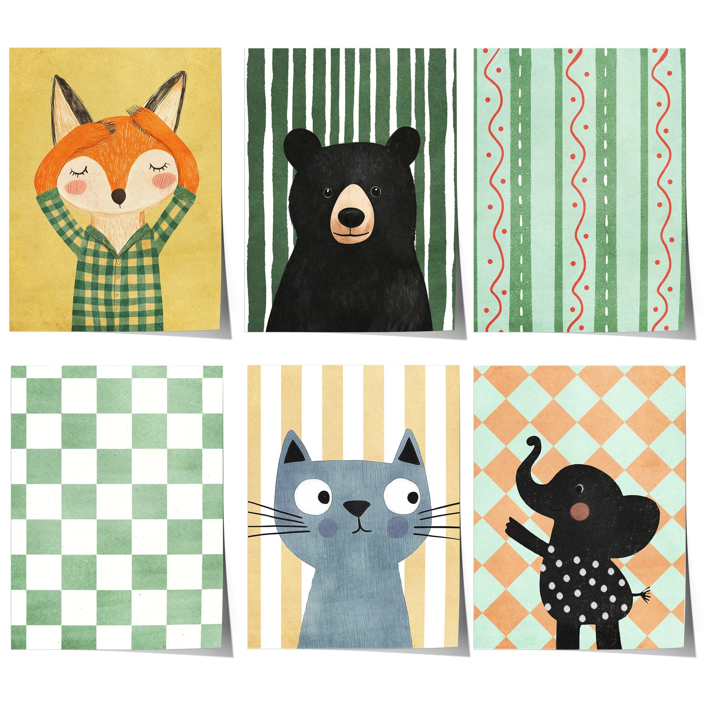 Poster Kinderzimmer Bär · Elefant · Fuchs · Katze · Geschenkidee für Kinder · Grün & Gelb · Waldtiere & Safari · Deko Print ohne Rahmen