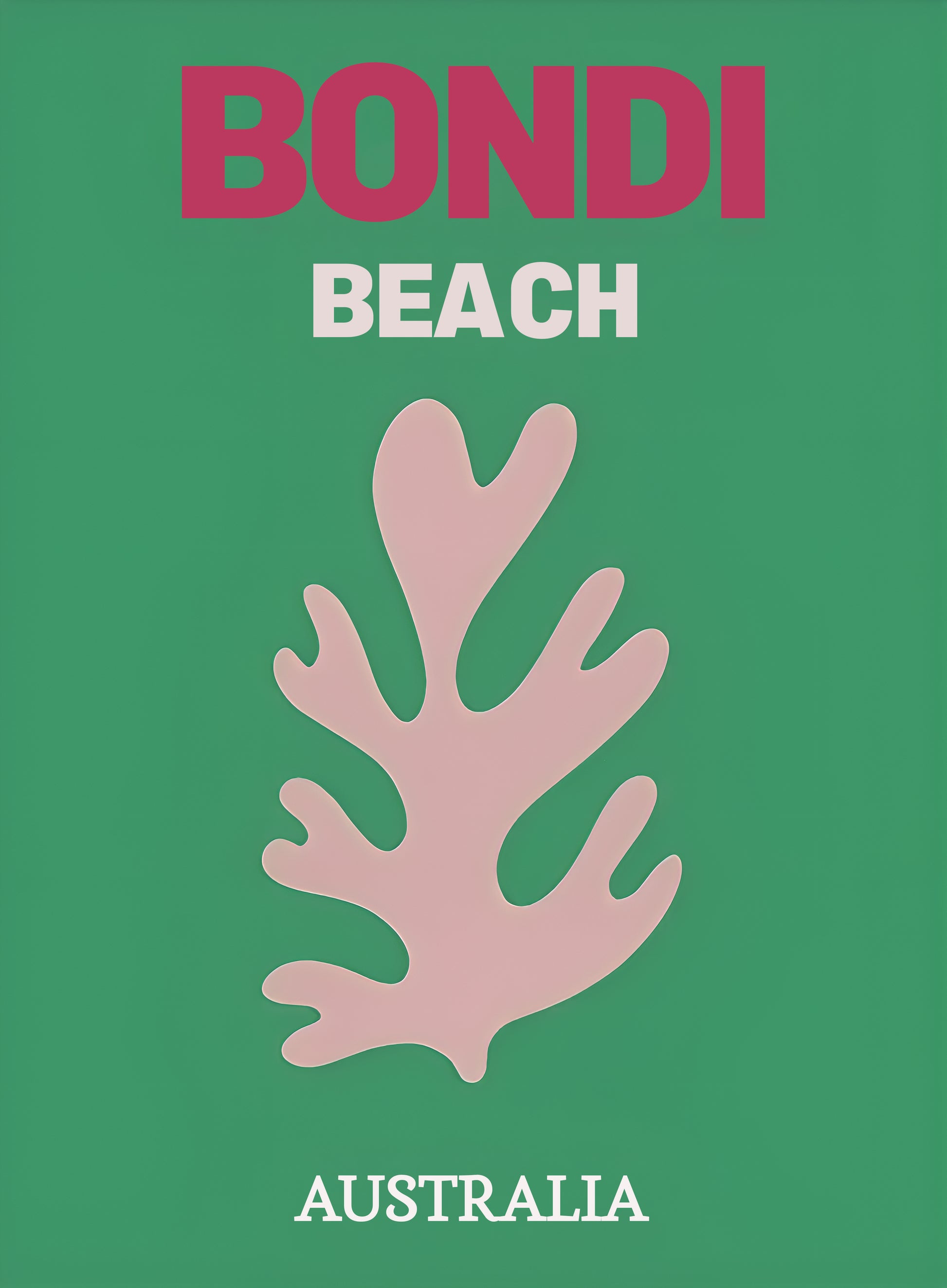 Buntes Poster von Bondi Beach mit korallenähnlichem Design auf grünem Hintergrund, Teil der Städte Reise Wandkunst von justgoodmood.