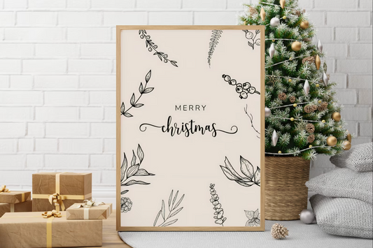 Schönes minimalistisches Weihnachtsposter Frohe Weihnachten von justgoodmood, präsentiert zwischen Geschenken und einem festlichen Weihnachtsbaum, perfekt für Ihre Weihnachtsdekoration.