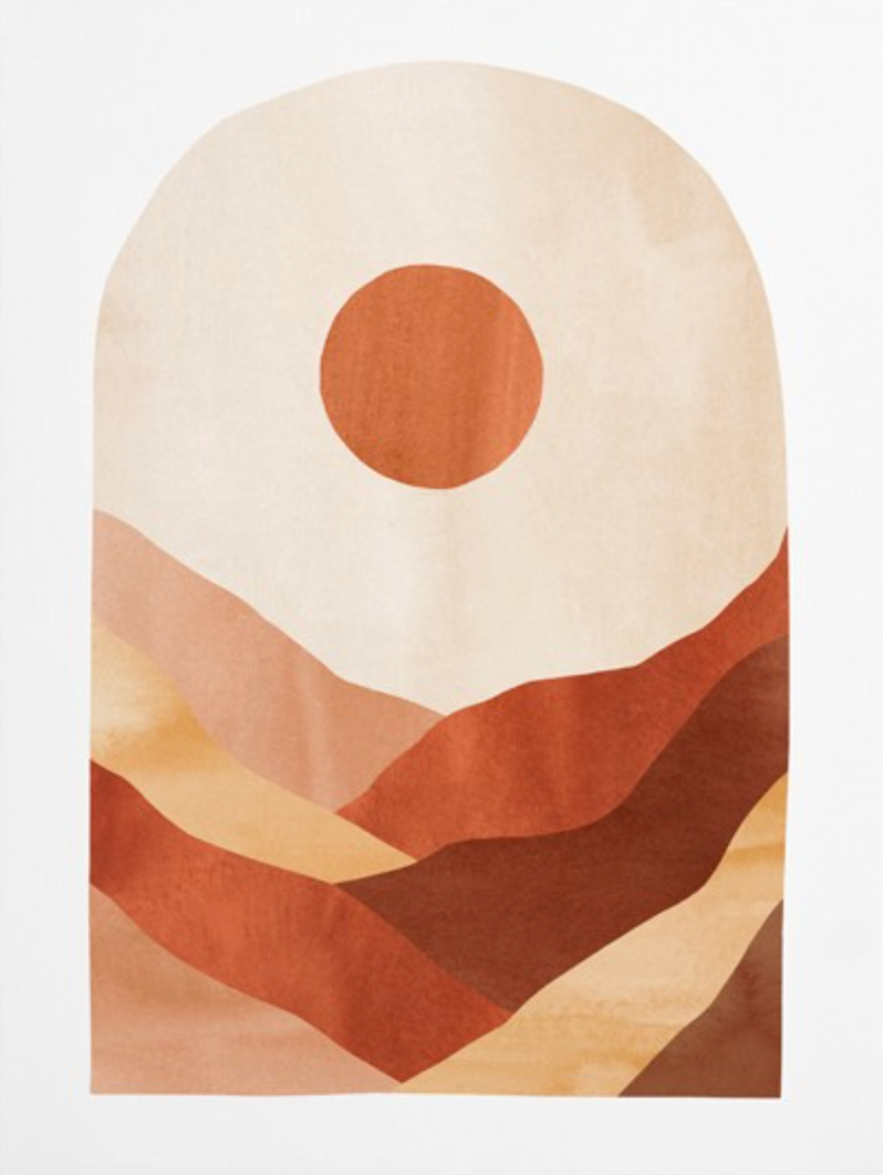 Kreatives Poster mit einem stilisierten Sonnenmotiv und sanften Erdtönen, perfekter Deko Print von justgoodmood.