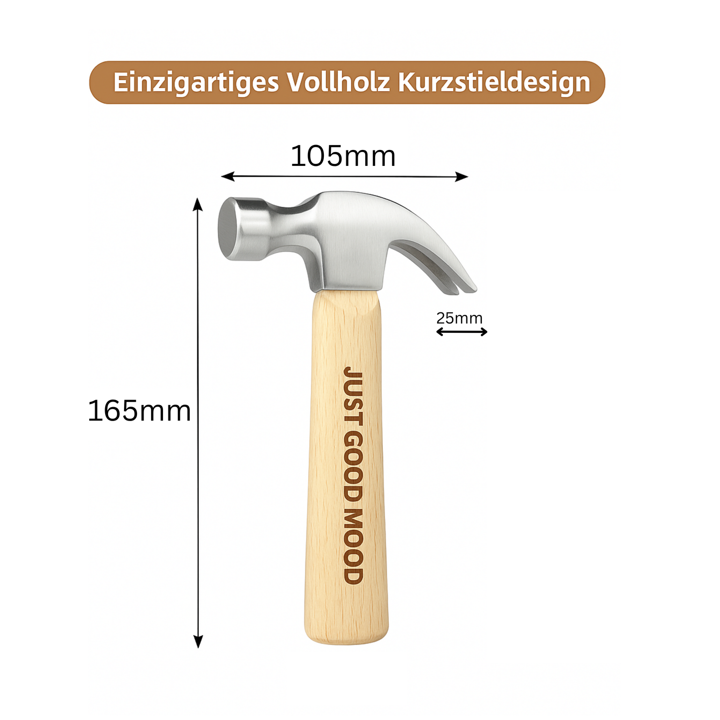 JUSTGOODMOOD Mini Hammer – Stahlhammerkopf & Echtholzgriff · Kompakt & Robust · Für DIY, Camping, Hausreparaturen · 165 mm