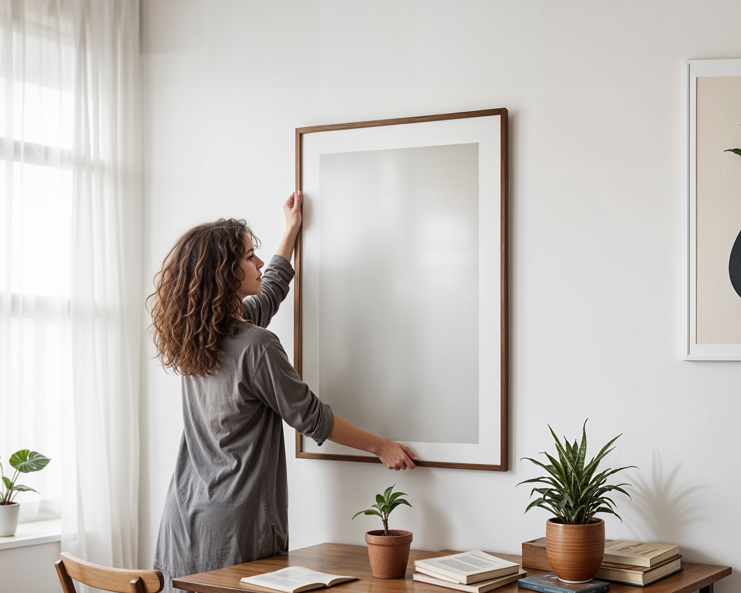 Eine Frau hängt einen leeren Rahmen an die Wand und demonstriert die Wohnkultur mit einem personalisierbaren Poster von JUSTGOODMOOD.