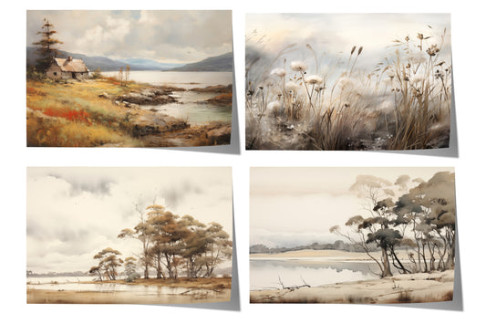 Landschaft Poster · Geschenkidee · See Wiesen Bäume Naturmalerei · Aquarell Wandkunst · Dekoprint ohne Rahmen