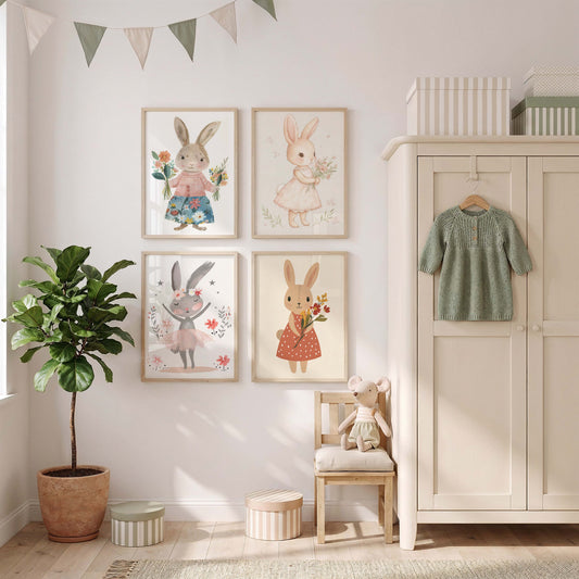 Häschen Poster · Geschenkidee · Aquarell mit Blumen und niedlichen Hasen · Kinderzimmer Deko · Dekoprint ohne Rahmen